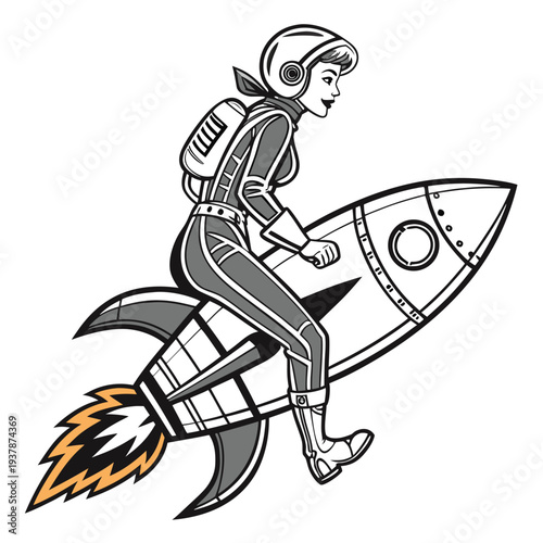 Vector illustration of Retro Woman Astronaut Riding Rocket Ship with Flame in Sci-Fi Pop Art Style Vector