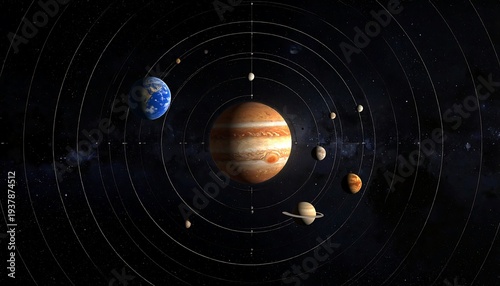 A colorful illustration of planets orbiting a large gaseous planet