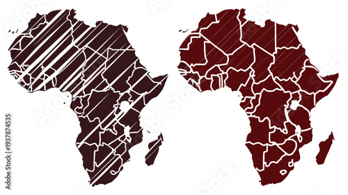 Vector illustration of Stylized Duo-tone Vector Map of Africa with Country Borders and Hatching Pattern