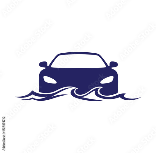 Blue car partially submerged in water with waves around it on white background