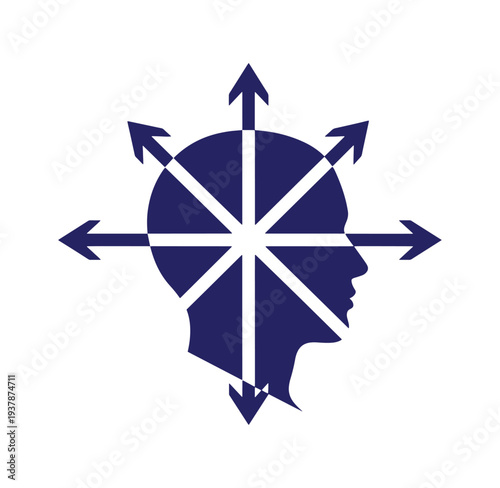 Blue head silhouette with multiple arrows pointing in different directions from the brain  symbolizing confusion and indecision