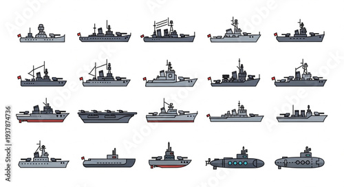 Collection of Various Naval Ship Silhouettes.