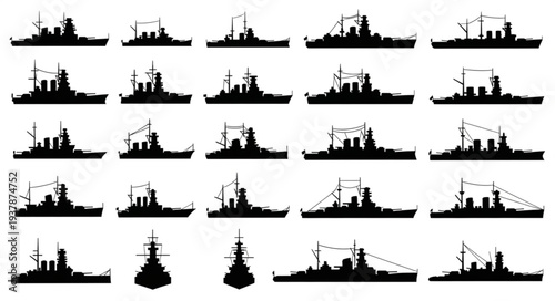 Collection of Various Naval Ship Silhouettes.