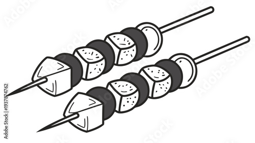 Vector illustration of Delicious Grilled Kebab Skewers with Meat and Vegetables Line Art Illustration