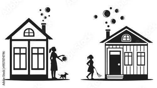 Vector illustration of Home Life Silhouettes: Women with Pets and Chores Outside Houses with Bubbles Vector