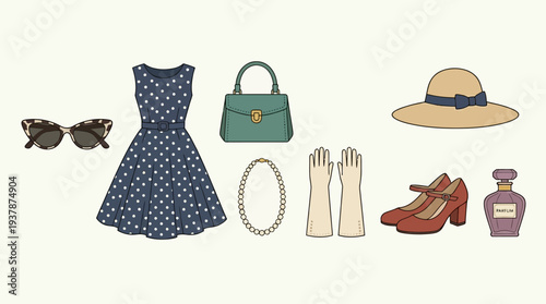 Vintage Fashion Icon Set – Retro Style Illustrations Featuring Polka Dot Dress, Cat-Eye Sunglasses, Wide-Brim Hat, Handbag, Pearl Necklace, Heels, Gloves, and Perfume Bottle