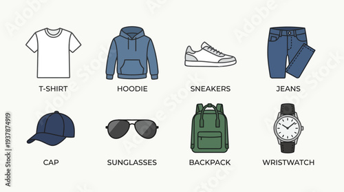 Casual Fashion Icon Set – Everyday Style Illustrations Featuring T-Shirt, Hoodie, Sneakers, Jeans, Cap, Sunglasses, Backpack, and Wristwatch