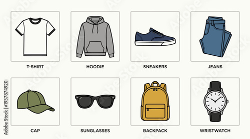 Casual Fashion Icon Set – Everyday Style Illustrations Featuring T-Shirt, Hoodie, Sneakers, Jeans, Cap, Sunglasses, Backpack, and Wristwatch