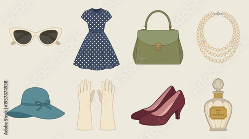 Vintage Fashion Icon Set – Retro Style Illustrations Featuring Polka Dot Dress, Cat-Eye Sunglasses, Wide-Brim Hat, Handbag, Pearl Necklace, Heels, Gloves, and Perfume Bottle