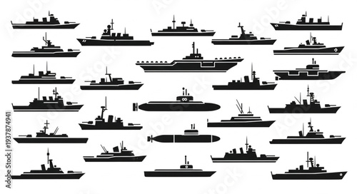 Collection of Various Naval Ships Silhouettes.