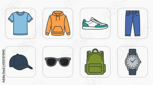 Casual Fashion Icon Set – Everyday Style Illustrations Featuring T-Shirt, Hoodie, Sneakers, Jeans, Cap, Sunglasses, Backpack, and Wristwatch