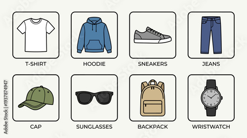 Casual Fashion Icon Set – Everyday Style Illustrations Featuring T-Shirt, Hoodie, Sneakers, Jeans, Cap, Sunglasses, Backpack, and Wristwatch