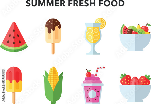Colorful illustration featuring summer food items such as watermelon popsicles a drink fruits corn and a smoothie