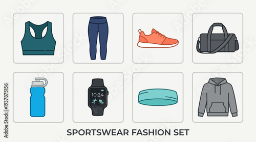 Fitness Apparel Icon Set – Gym Essentials Illustrations Featuring Sports Bra, Leggings, Running Shoes, Gym Bag, Water Bottle, Fitness Watch, Headband, and Hoodie