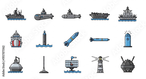 Collection of Various Naval Vessels and Icons.