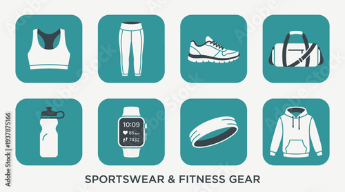 Fitness Apparel Icon Set – Gym Essentials Illustrations Featuring Sports Bra, Leggings, Running Shoes, Gym Bag, Water Bottle, Fitness Watch, Headband, and Hoodie