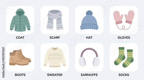 Winter Clothing Icon Set – Cold Weather Essentials Featuring Coat, Scarf, Wool Hat, Gloves, Boots, Sweater, Earmuffs, and Knitted Socks