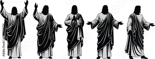 Ancient Egyptian robed figure illustration, spiritual artwork design, cultural heritage symbol, religious gesture graphic, historical attire drawing, expressive silhouette artwork, black white