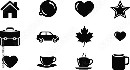 Simple black lifestyle and business vector icons set featuring house heart star briefcase car maple leaf coffee mug and tea cup for interface design