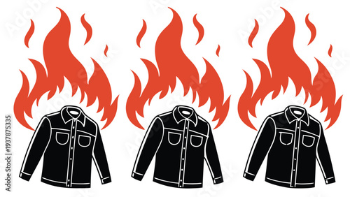 Vector illustration of Three Black Shirts on Fire Illustration Representing Passion, Urgency, or Burning Style