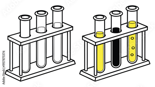 Vector illustration of Science Laboratory Test Tubes in Rack with Liquids for Chemistry Experiments Illustration