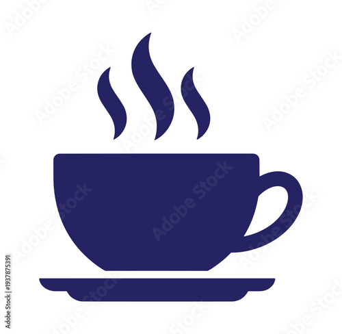 Dark blue cup and saucer with rising steam on transparent background