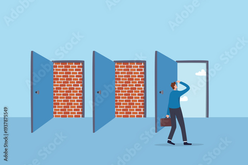 Choose right direction, career path or decision, select correct way finding new opportunity option, find the right work choice, businessman thinking find the right pathway to open opportunity door.