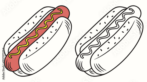 Vector illustration of Classic Hot Dog with Mustard Illustration - American Fast Food Snack