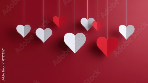 Delicate paper hearts in red and white suspended against a rich crimson background