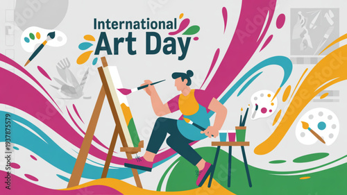 Woman painting on easel celebrating international art day with vibrant colorful background