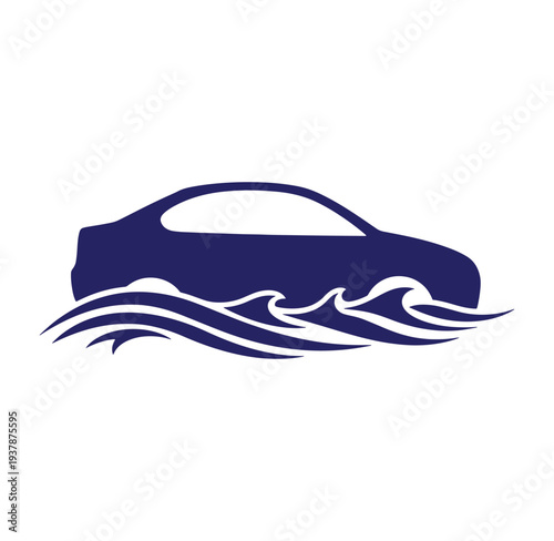 Dark blue silhouette of a car driving through waves on a white background