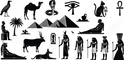 Ancient Egyptian culture illustration, pyramid artwork design, ankh symbol graphic, deity silhouette icon, amphora artwork drawing, sarcophagus monument art, black white