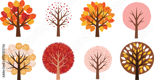 Stylized autumn and spring deciduous trees vector set featuring orange yellow red and pink foliage for seasonal nature landscaping and environmental graphic design projects