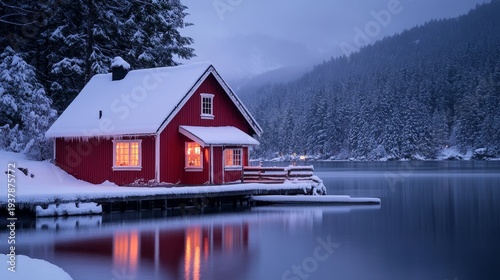 Quaint red cabin sits peacefully by a tranquil lake, surrounded by snow-covered mountains at dusk