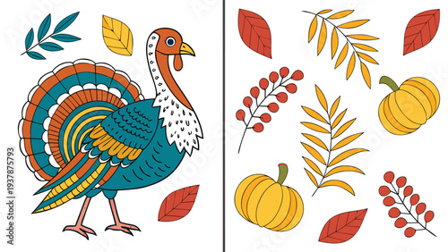 Vector illustration of Colorful Thanksgiving Turkey and Autumn Fall Harvest Elements Set