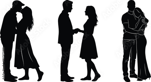 Romantic couple silhouettes set, flat vector illustration of loving man and woman hugging, holding hands and kissing