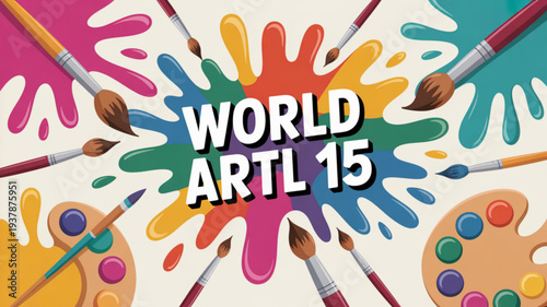 Vibrant art supplies with paintbrushes and palettes arranged around colorful splashes on a white background for creative projects