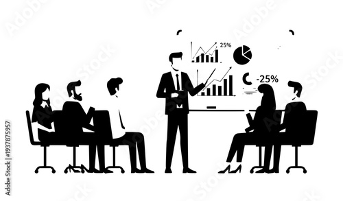 Business team meeting with presenter explaining charts on whiteboard teamwork and collaboration concept vector illustration isolated on white