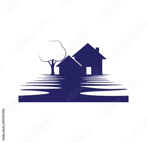 flooded houses and tree in natural disaster scene with rising water levels
