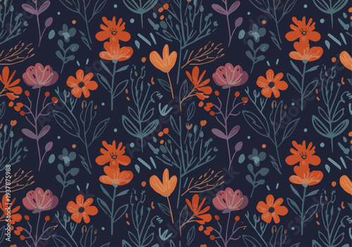 Softly textured botanical motif with abstract floral shapes and pastel hues