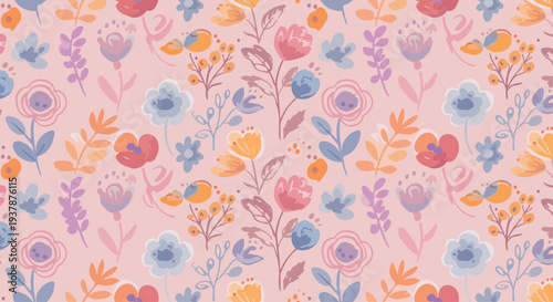 Soft and artistic floral pattern with abstract petals and leaves forming a cohesive visual flow