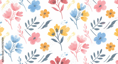 Seamless pattern of delicate flowers and leaves arranged in a light and airy decorative style