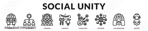 Social unity banner expressing inclusive collaboration and harmonious community integration in Lineal Icon Style