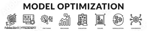 Model optimization banner showcasing refined evaluation metrics and scalable performance enhancement strategies in Lineal Icon Style
