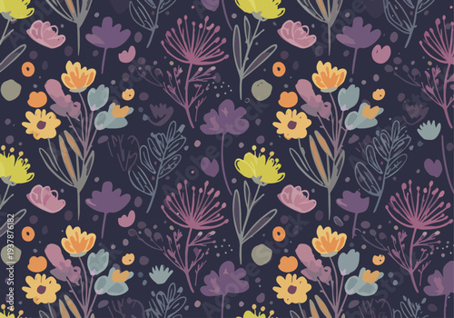 Soft-toned flower pattern with abstract shapes and delicate detailing for a calm and inviting feel