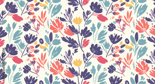 Elegant yet playful flower pattern inspired by nature, featuring stylized petals and simple leafy accents throughout