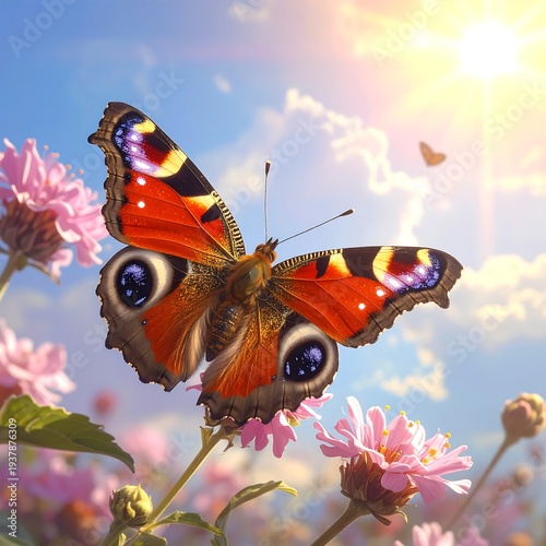 A colorful butterfly perches on pink flowers