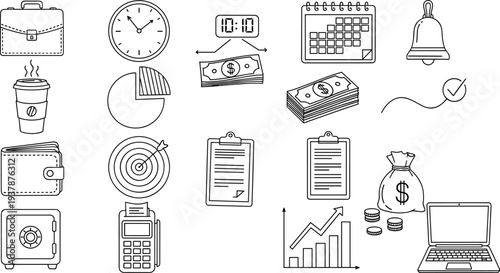 Business finance productivity icons illustration, briefcase clock calendar bell coffee chart money wallet target clipboard safe laptop design artwork