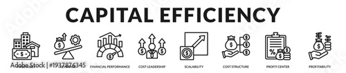 Capital efficiency banner presenting optimized asset utilization and performance driven financial leadership in Lineal Icon Style
