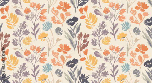 Minimalist floral illustration with colorful blooms and leaves arranged in a gentle, airy, and modern pattern style
